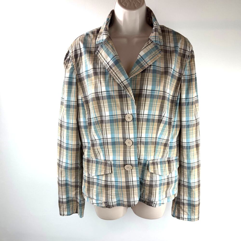 New York‎ Company Woman Plaid Blazer Size 8 Blue Tan Beige